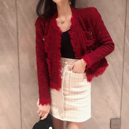 Cherry Color Chanel Style Coat Women's Spring and Autumn Short Vintage Tassel Knitted Cardigan French Elegant Slim Top