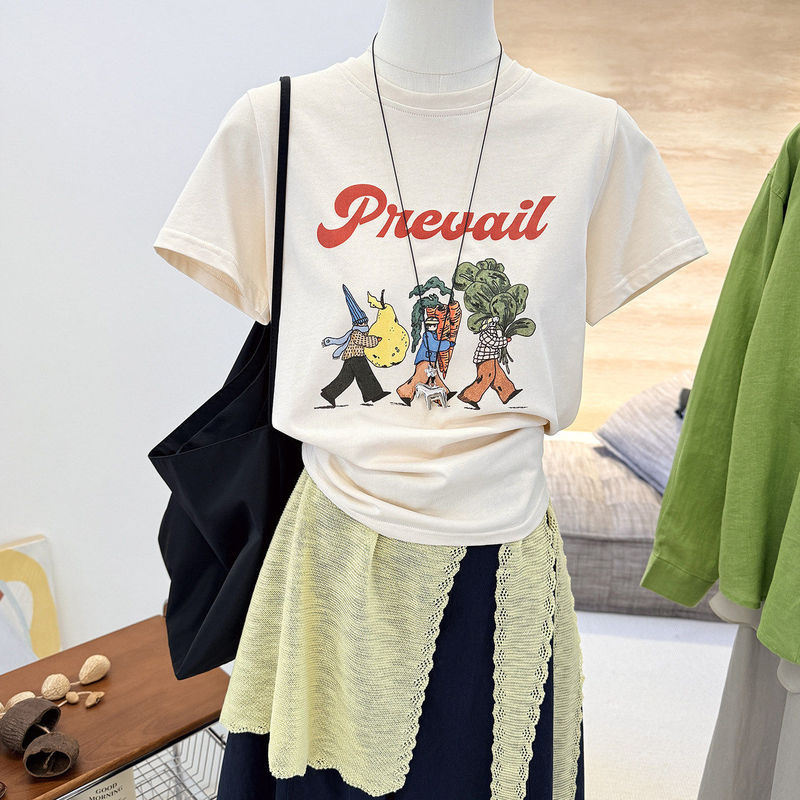 Cartoon-Style Back Pattern Short-Sleeve T-Shirt for Women, Summer Loose Round-Neck Printed Top, Slimming Korean-Style Regular Shoulder Base Layer Cartoon-Style Back Pattern Short-Sleeve T-Shirt for Women, Summer Loose Round-Neck Printed Top, Slimming Korean-Style Regular Shoulder Base Layer
