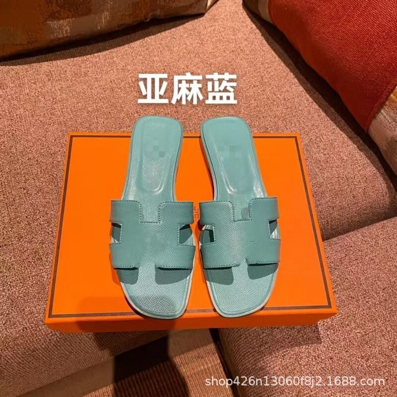 外贸经典款H家拖鞋女夏季高版本休闲一字型羊皮平底拖鞋批出货快|undefined