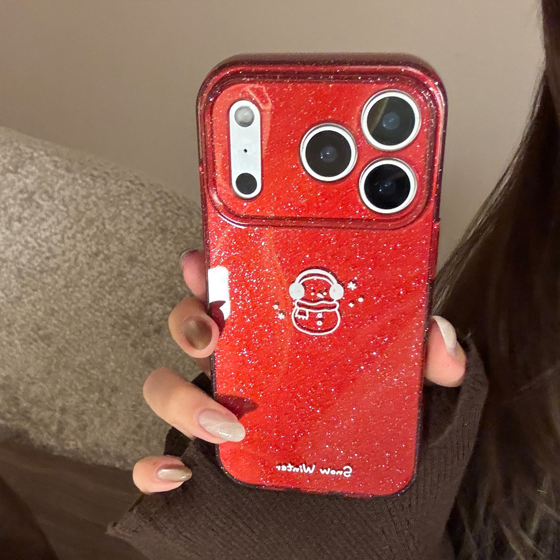 Protective Phone Case For Iphone With Glitter Winter Snowman Design_voghion.com