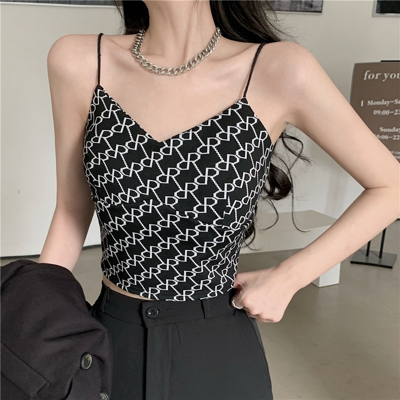 Ins Hong Kong Style Lettered Ice Silk Camisole with Chest Pads, Korean Fashion Brand, Beautiful Back Design, Can Be Worn as an Inner or Outer Garment Ins Hong Kong Style Lettered Ice Silk Camisole with Chest Pads, Korean Fashion Brand, Beautiful Back Design, Can Be Worn as an Inner or Outer Garment