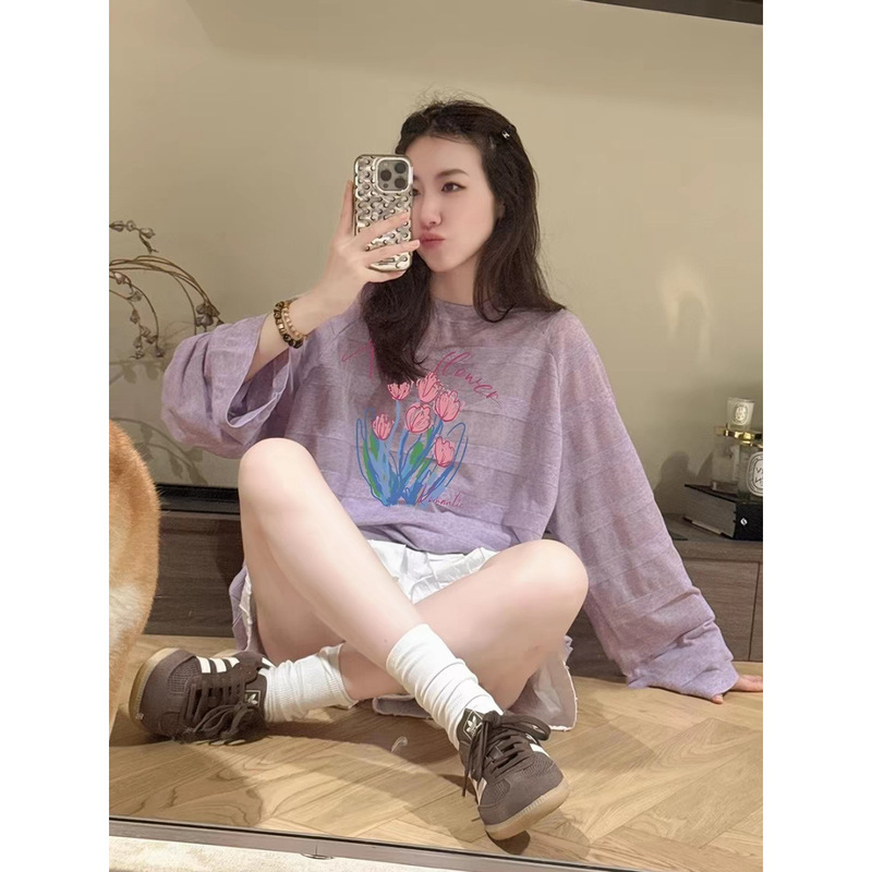Purple Printed Round Neck Long-Sleeved Casual T-Shirt for Women in Summer, Korean Style Lazy Style Outer Wear, Beautiful and Age-Reducing Thin Top