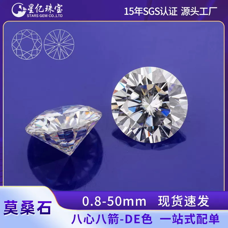 莫桑原色切割裸石培育莫桑石厘石配石工厂批发DE色莫桑八心八箭