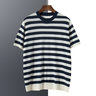 100% Worsted Pure Cashmere Short-sleeved Men's Round Neck Thin Summer Pullover Striped Colorblock Half-sleeved Knitted T-shirt