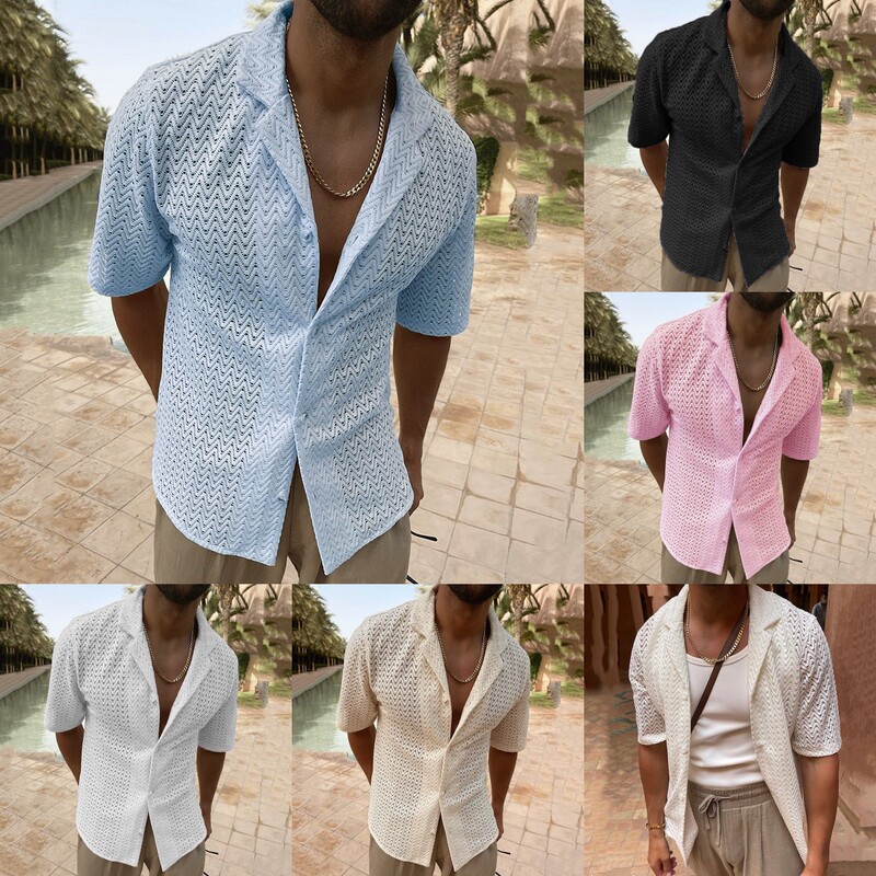 Cross-Border Men's Clothing European and American Autum Casual Lace Shirts Men's Tops Fashionable Short-Sleeved Pure Color Cut Out Shirts for Men Cross-Border Men's Clothing European and American Autum Casual Lace Shirts Men's Tops Fashionable Short-Sleeved Pure Color Cut Out Shirts for Men