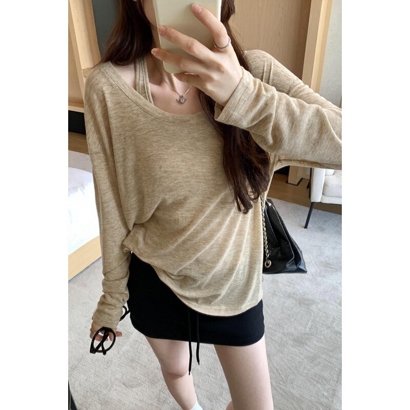 2026 Casual and Relaxed Style Thin Sleeveless Vest and Long-Sleeve T-Shirt Two-Piece Set for Women, Suitable for Spring, Summer, and Autumn, with Sun Protection Cover-Up