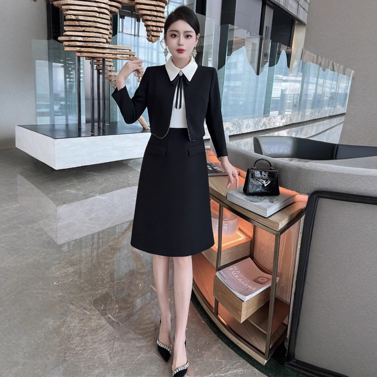 직장 작은 검은 치마 가을과 겨울 유럽 상품 작은 향기로운 바람 무거운 산업 옷깃 활 가짜 투피스 허리 원피스