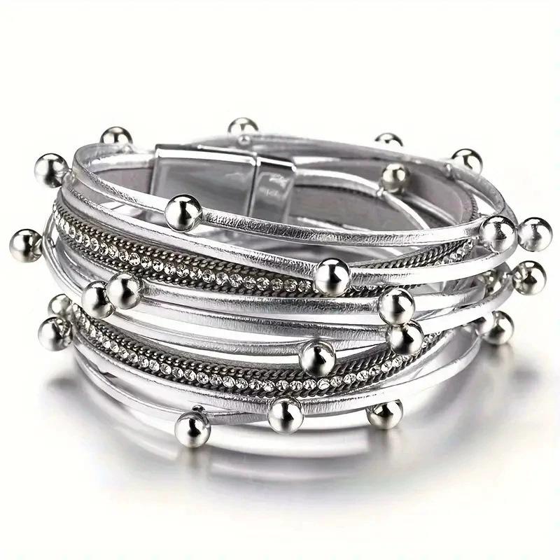 European and American Cross-Border New Multi-Layer Pu Leather Bracelet Women's Fashion Diamond Leopard Print Magnet Buckle Bracelet Bracelet Manufacturer
