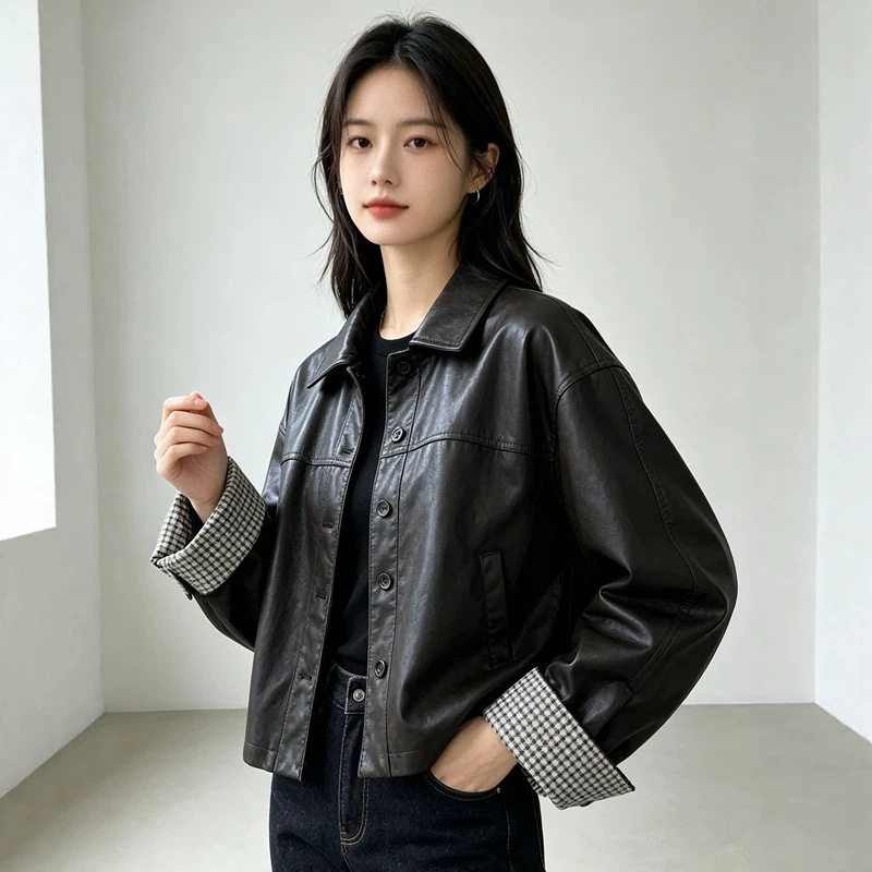 Áo khoác da PU nữ dáng ngắn cổ bẻ, phong cách Hàn Quốc, thời trang casual, dáng rộng, dễ phối đồ, retro, mùa thu — Màu nâu cà phê, màu đen