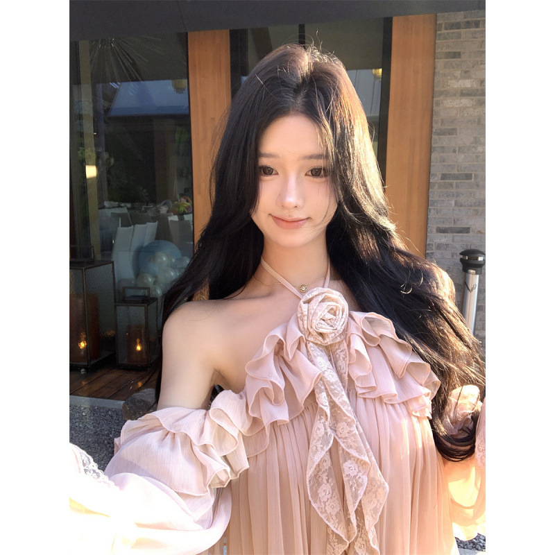 Long Live the Milky Way! "Elf" Dress That Glows in the Air, Light as Air, "Fairyland Dress" Halter Neck Off-Shoulder Dress with Flowing Ribbons