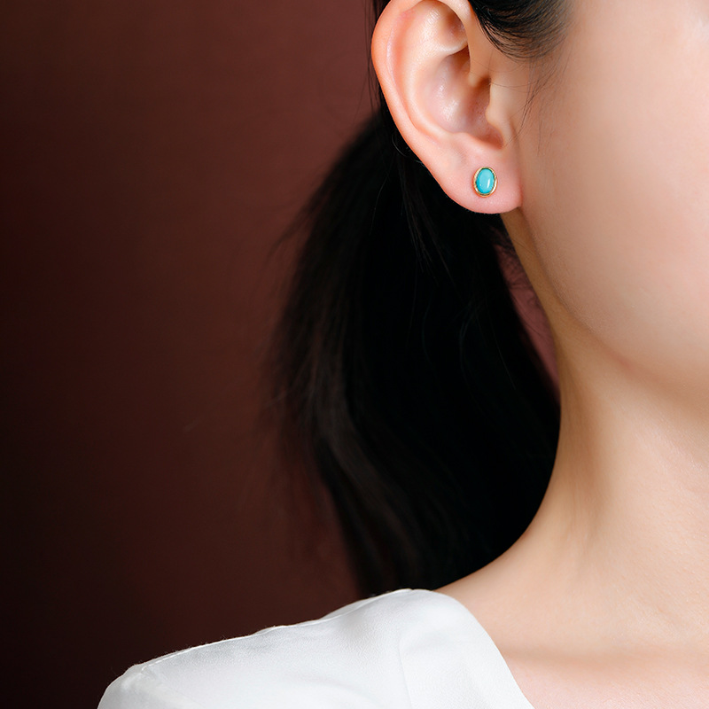 Bông tai bạc S925 mạ vàng hình oval đính đá phong cách vintage — cặp
