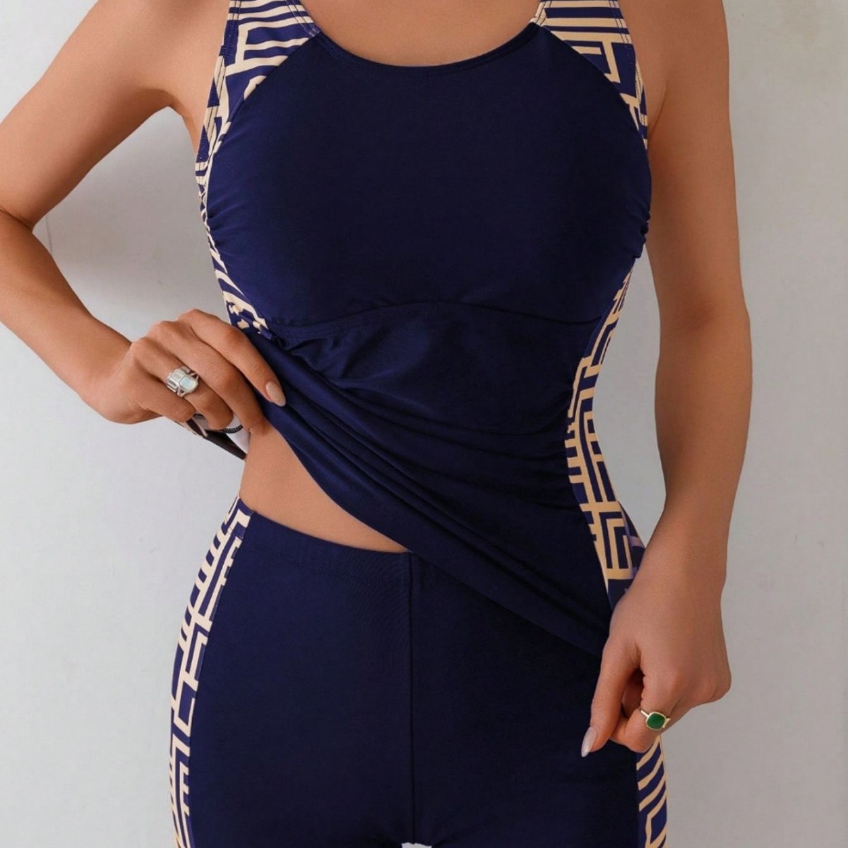 Abbigliamento donna Stile donna Canotta a righe senza maniche e boxer Costume da bagno due pezzi snellente e comodo_voghion.com