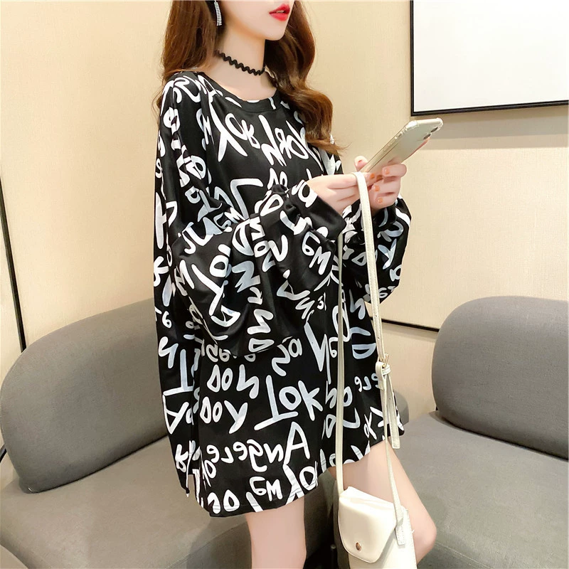 Длинная тонкая футболка с длинным рукавом, осенняя, корейский стиль, plus size, средней длины, 2020