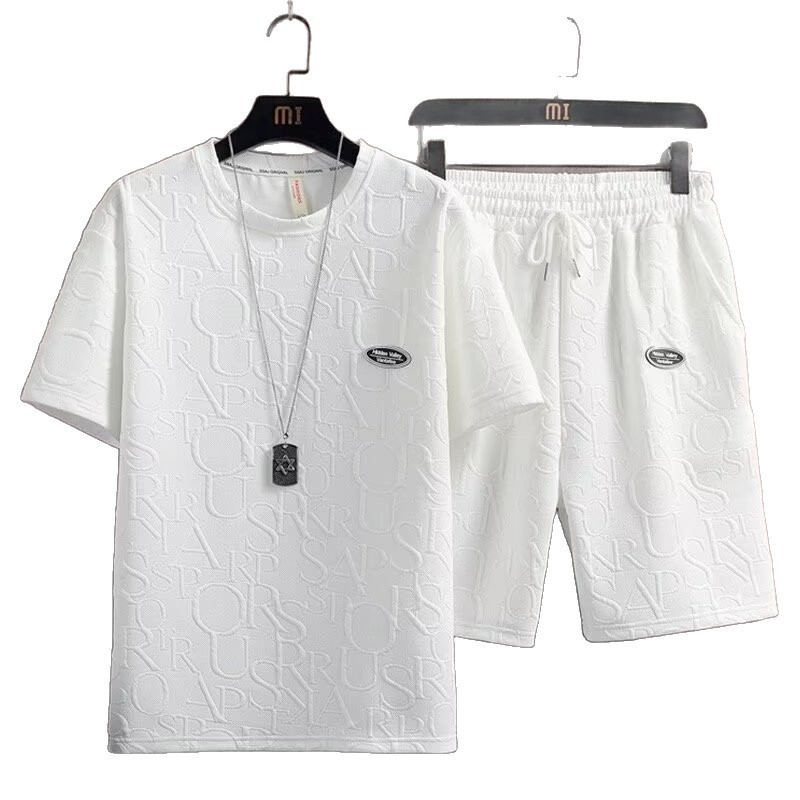 Casual camiseta de manga corta Waffle transfronterizo universal color sólido set de verano hombre moda set de ropa deportiva hombre