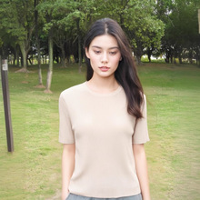 圆领五分袖女真丝罗纹坑条针织衫春夏薄款单穿桑蚕丝T恤上衣中袖