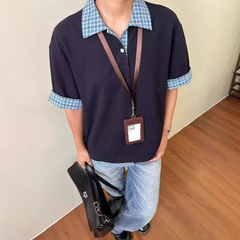 韩系格纹假两件POLO衫男女男夏季高级感cleanfit衬衫领短袖T恤衫