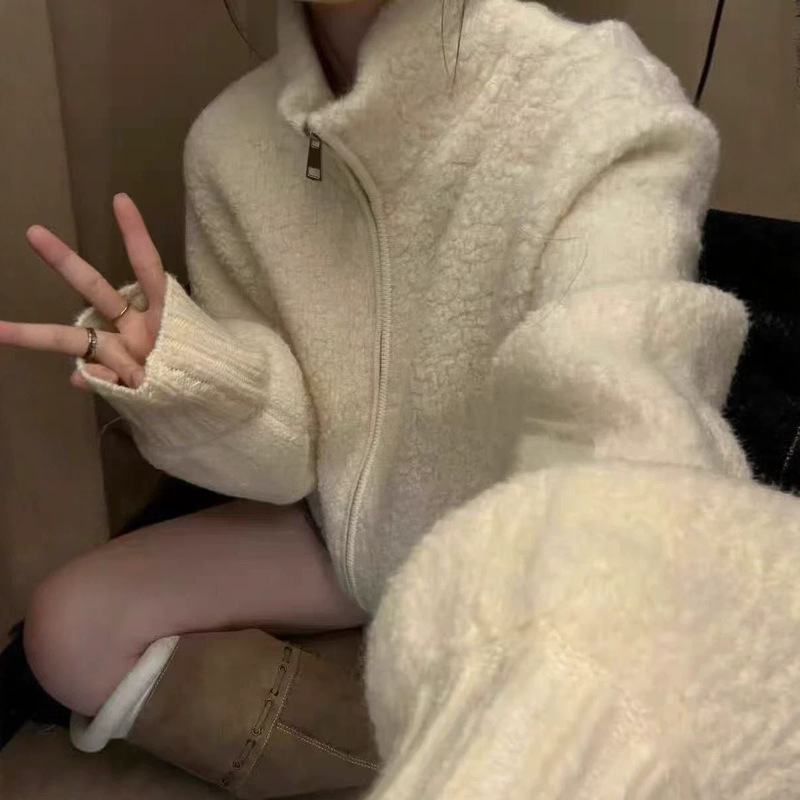 Casual style stand-up collar double-zipper lamb wool coat for women, autumn and winter, loose fit, warm and thick sweater cardigan for petite individuals