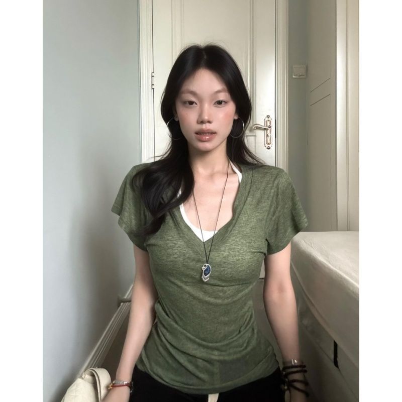【天丝面料】设计感蝙蝠袖V领正肩短袖T恤女夏季新款修身显瘦辣妹|undefined