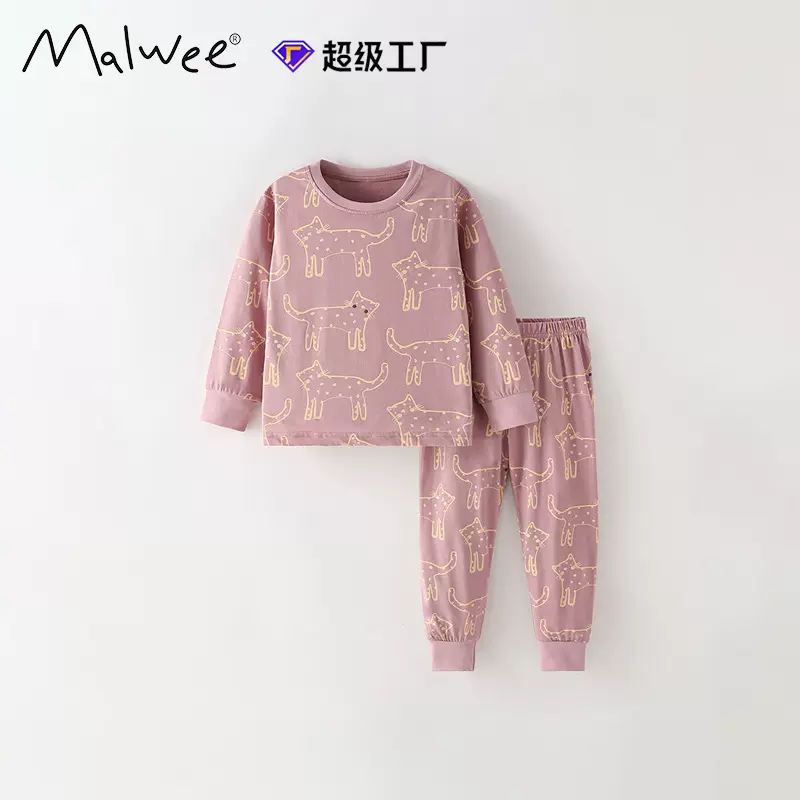 跨境malwee女童家居服秋冬新款欧美中小童T恤松紧腰裤子圆领套装