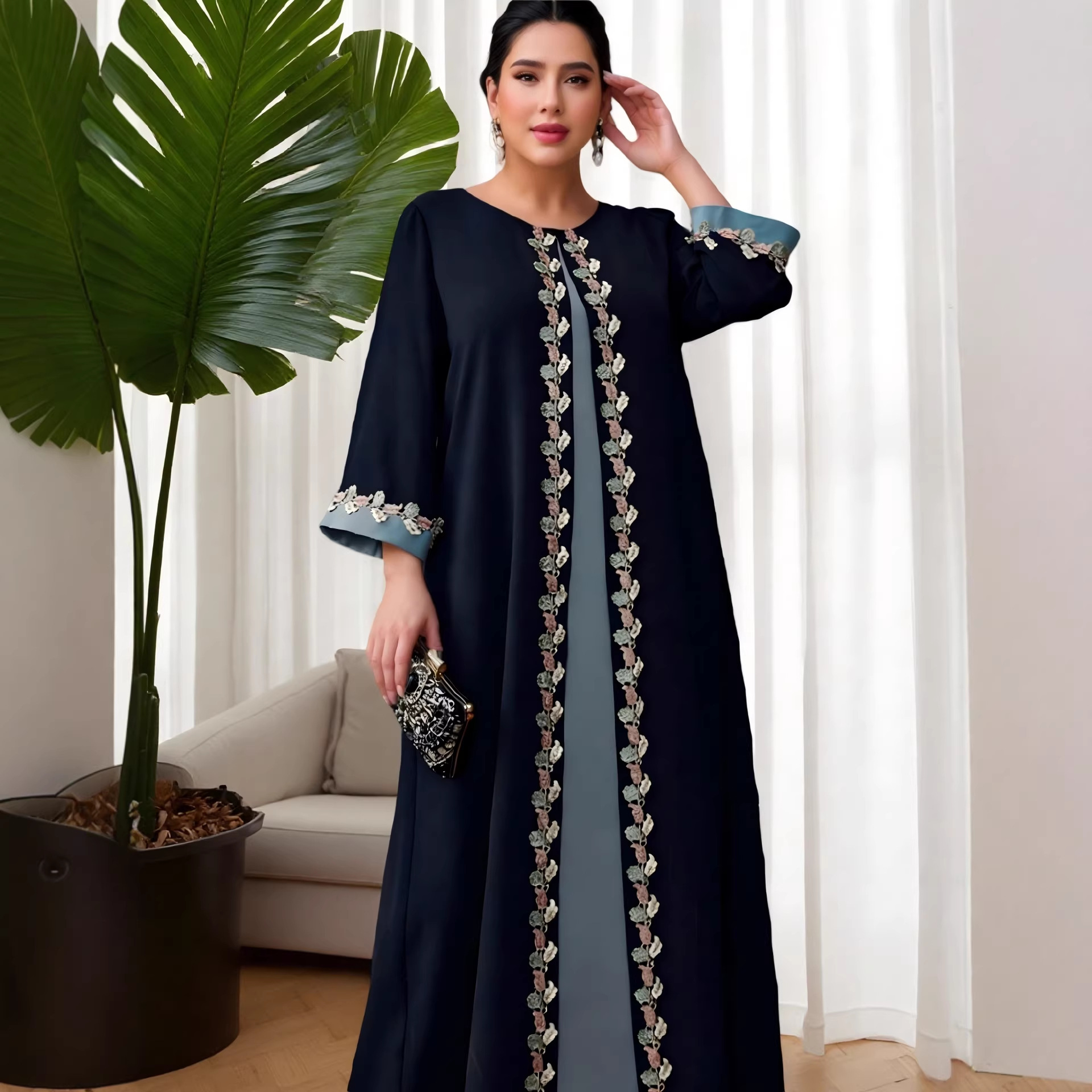 Exclusive Cross-border Supply Of Middle Eastern Robes, Muslim Fashion Navy Blue Embroidered Patchwork Abaya Plus-size_ecoleips.com