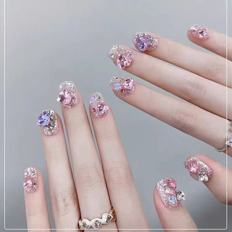 10 piezas en paquete de uñas hechas a mano, uñas cortas, taladro de vidrio corto, amor para usar las uñas en el viento puro.