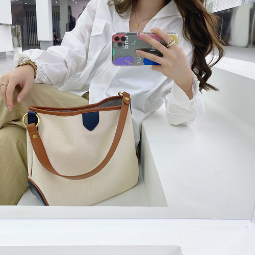 Wholesale Factory Style Color-blocked Canvas Tote Bag for Women Large Capacity Commuter Bag Women's Fashion Shoulder and Crossbody Bag