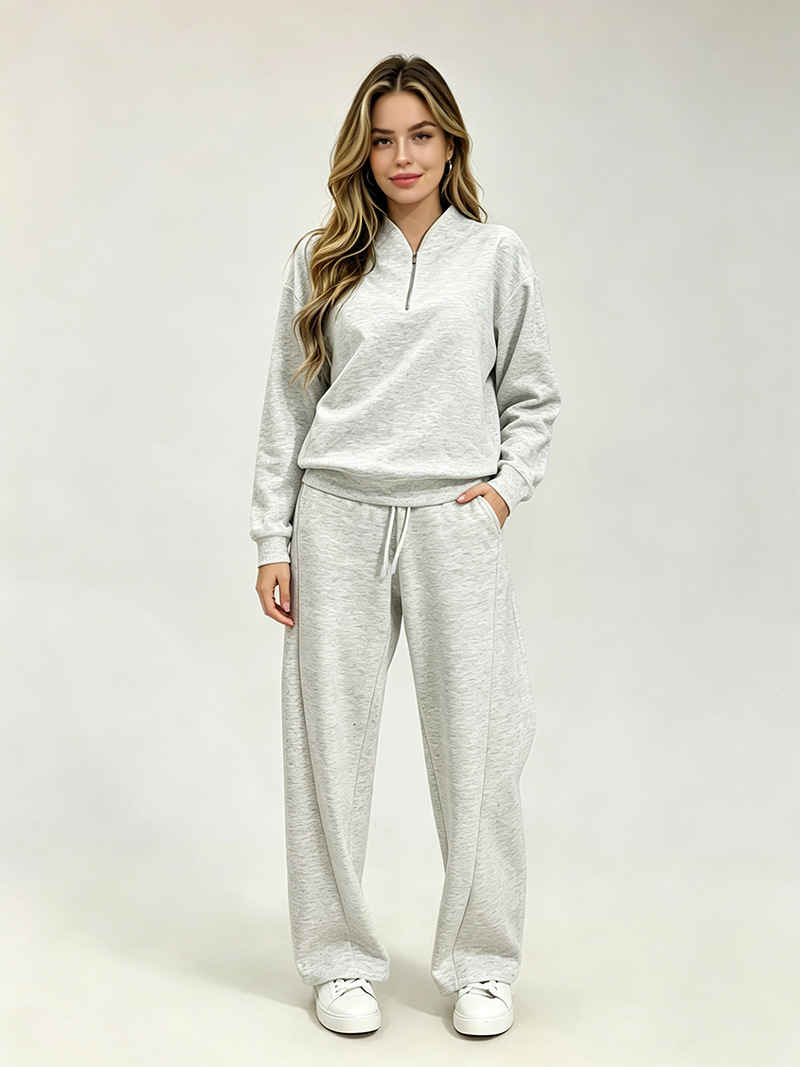 Women's Clothing Women's Fashionable Long Sleeved Sweatshirt Casual Trousers Set Style Autumn Half Open Collar Solid Color Loose Fit_ecoleips.com