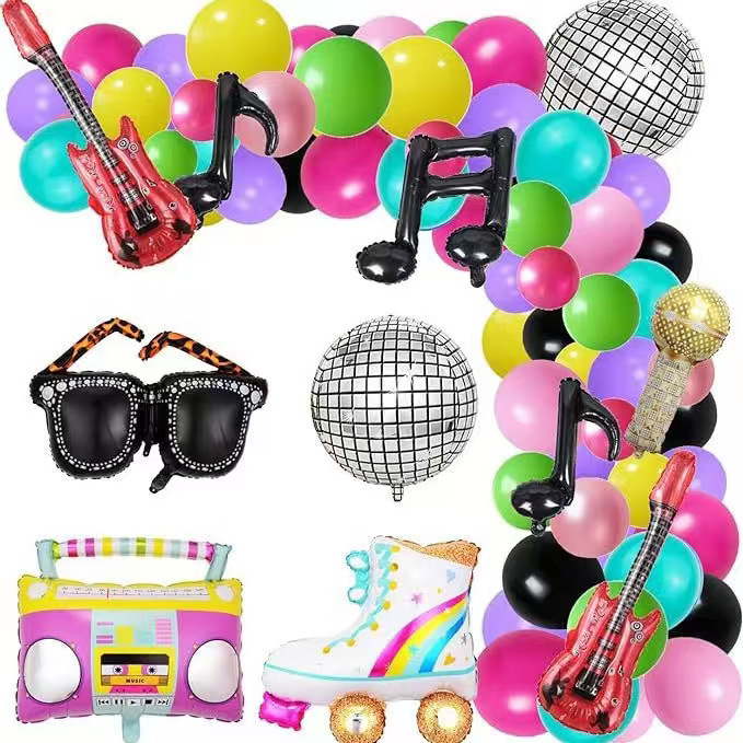 80S 90S Party Decoration 136Pcs Roller Skates Retro Disco Guitar Microphone Balloon Set