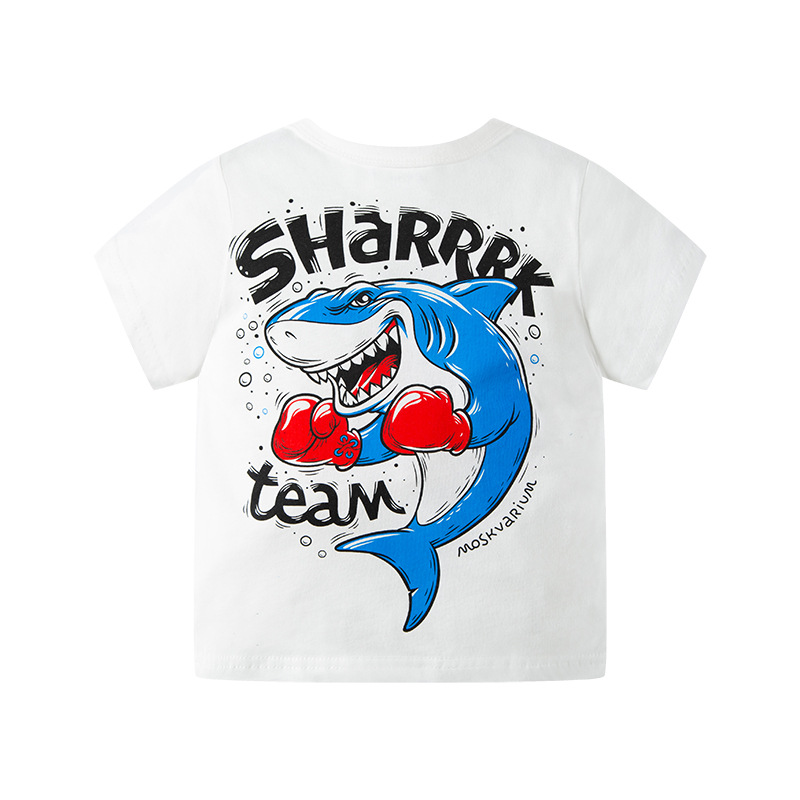 2024 Verano nuevos niños de dibujos animados tiburón Impresión de manga corta Camiseta camiseta de los niños de media manga de fábrica entrega de una sola pieza