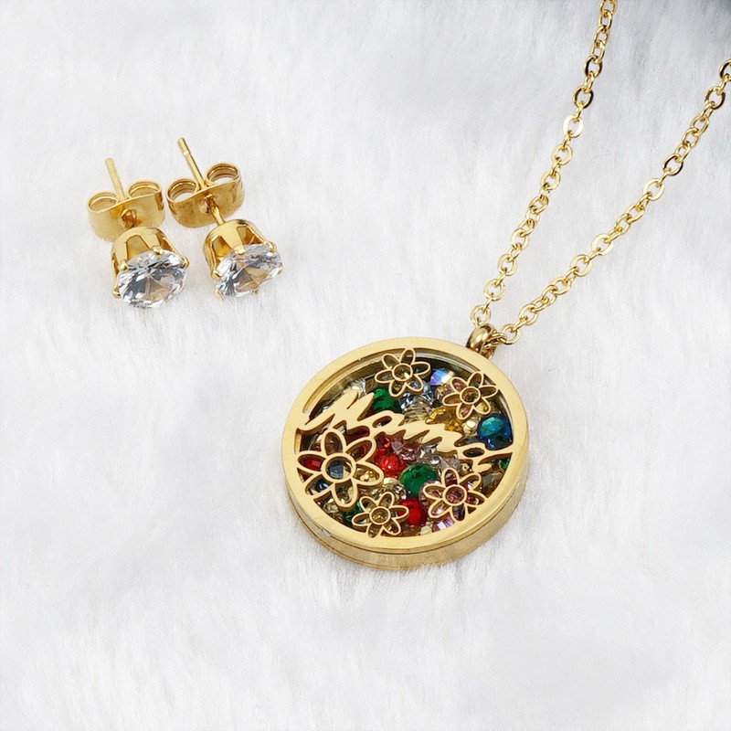 Fashion Letter Flower Titanium Steel Plating Artificial Gemstones Earrings Necklace 1 Set