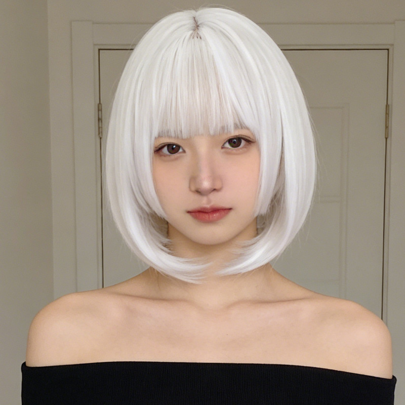 Cross-Border Best-Selling Wig with Bangs, Short Straight Hair, Pure White Bobo Style, Cosplay Event, Fluffy Synthetic Hair Full Wig Cross-Border Best-Selling Wig with Bangs, Short Straight Hair, Pure White Bobo Style, Cosplay Event, Fluffy Synthetic Hair Full Wig