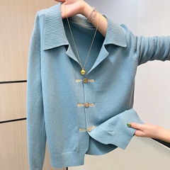 韩系复古翻领孔雀蓝针织开衫女巨好看的早秋穿搭修身显瘦长袖上衣