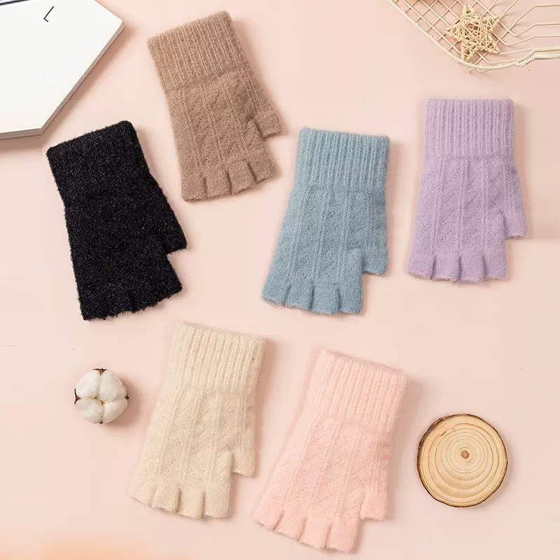 雪花秀手套2024新冬季女保暖手套触屏针织纯色半指手套玩手机工作