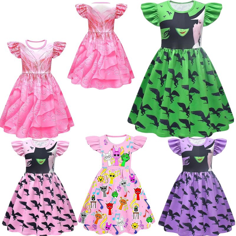 New Magic Wicked Witch cosplay Pink Girls dress Halloween Costume Flying Sleeve Dress Performance Dress