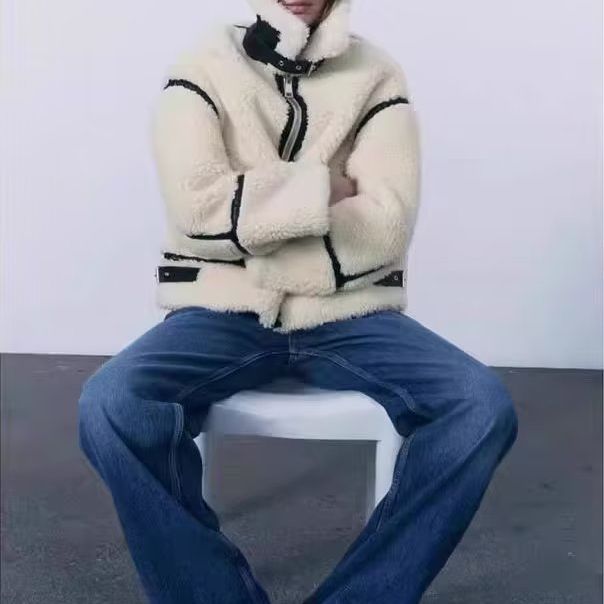 Dameskleding herfst en winter nieuwe mode bontjas opstaande kraag contrasterende kleur casual warme jas_voghion.com