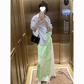 法式字垂坠感绿色印花高腰长裙夏季多巴胺穿搭度假过膝中长半裙