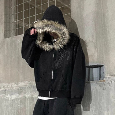 European and American Cross-Border Autumn and Winter Y2K Sweatshirt Jacket with Faux Fur Collar, Hip-Hop Gothic Print, Zip-Up Cardigan Top for Men
