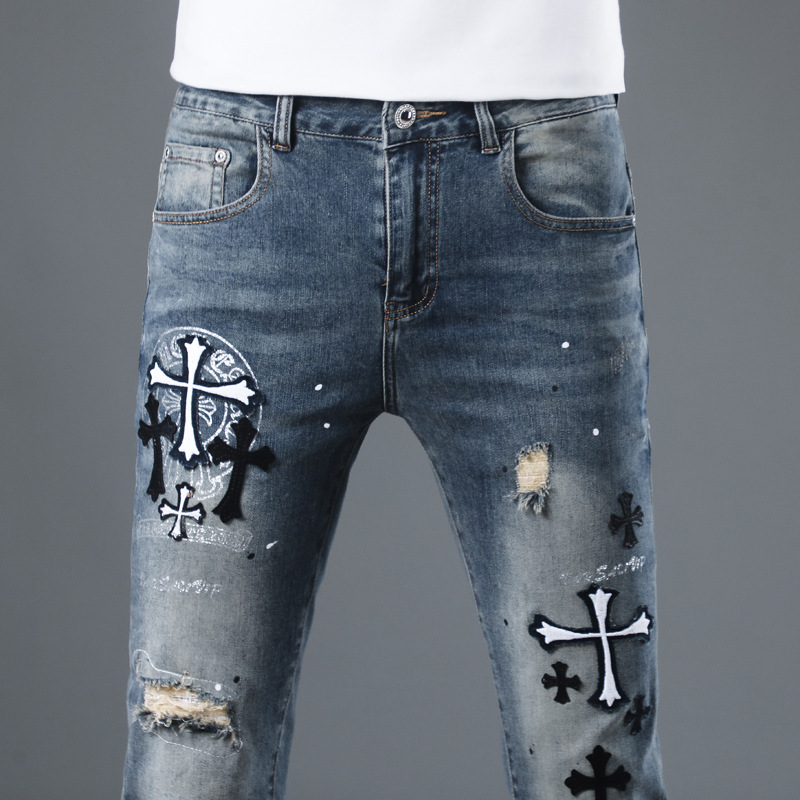 Personalized embroidered jeans, men's trend with torn patches, fashionable and versatile elastic slim pants, summer 2024_voghion.com