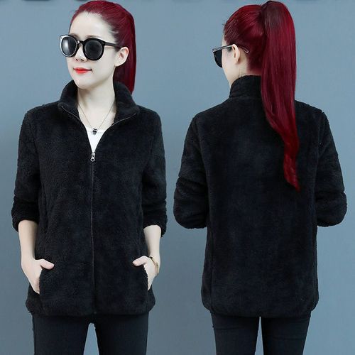 Women's Short-Sleeve Double-Faced Plush Fleece Coat, Plus Size Coral Fleece Autumn/Winter Thick Warm Fleece Top