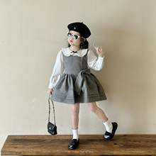 女童娃娃领假两件连衣裙2025秋新款韩版女孩甜美蝴蝶结蓬蓬公主裙