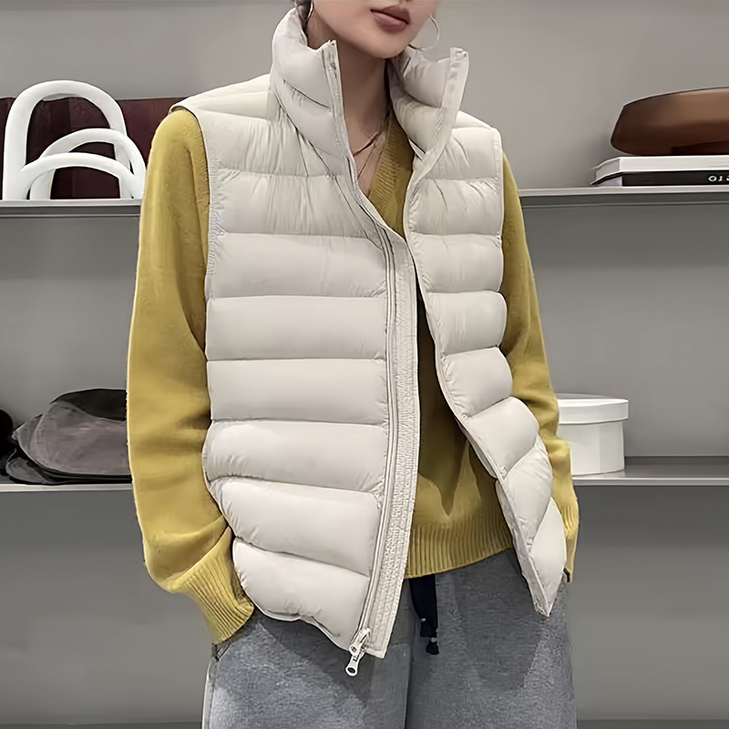 White Duck down Vest for Women, Suitable for Outerwear, 2025 Autumn and Winter, Stand Collar, Ribbed Vest, Lightweight down for Petite Figures