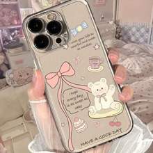 粉蝴蝶结小熊苹果13手机壳iPhone15透明14plus大孔11黑边12软壳8P