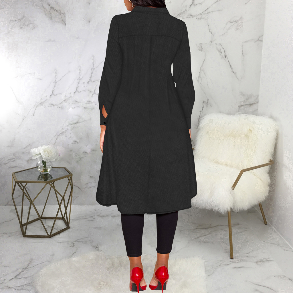 Casual Solid Color Real Pocket Women Shirt Dress