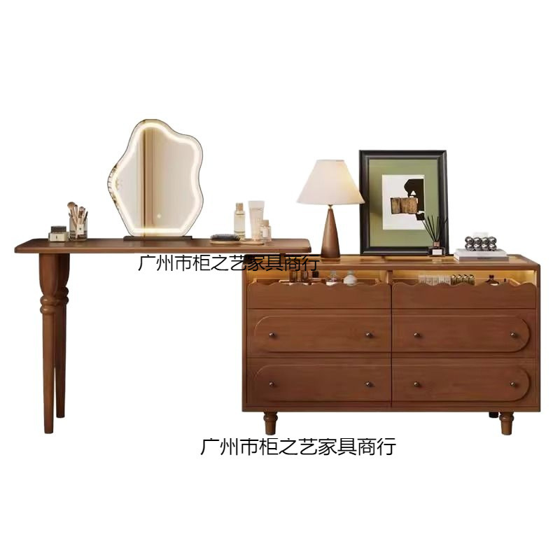 法式复古风可伸缩实木梳妆台卧室小户型斗柜现代简约中古风梳妆台|undefined