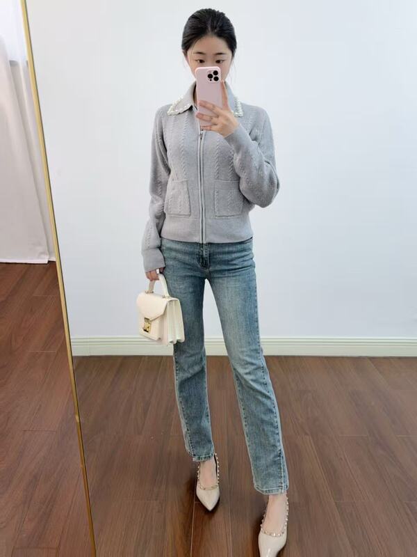 2025S Home Autumn Commuting Gentle Classic Thread Beaded Lapel Zipper Short Cardigan Top 250408
