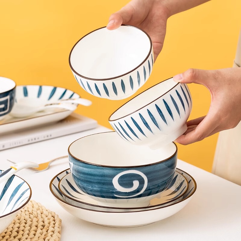 Chiba Simple Japanese-Style Household Ceramic Rice Bowl Noodle Bowl Soup Bowl Dish Plate Creative Matchinging Tableware and Dishes Set
