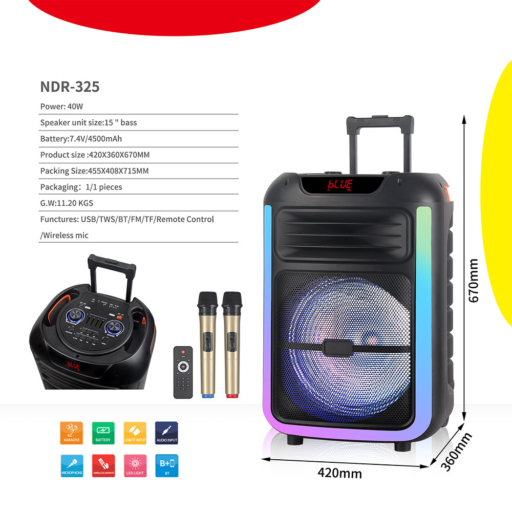 NDR - 325 altavoz bluetooth 15 pulgadas barra de tracción al aire libre portátil luz móvil sonido 5.0 subwoofer estéreo