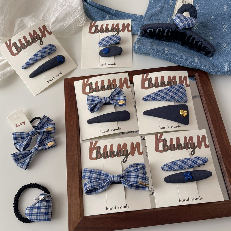 Blue Gao Zhi Plaid Hairpin Bow Hairpin Elegant Elegant Hairstring Hairpin Love Gold Label Grab Hairpin