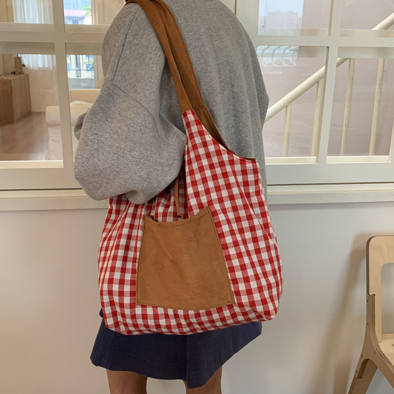 新款正反面女休闲百搭复古秋冬流行格纹托特包女大容量通勤单肩包