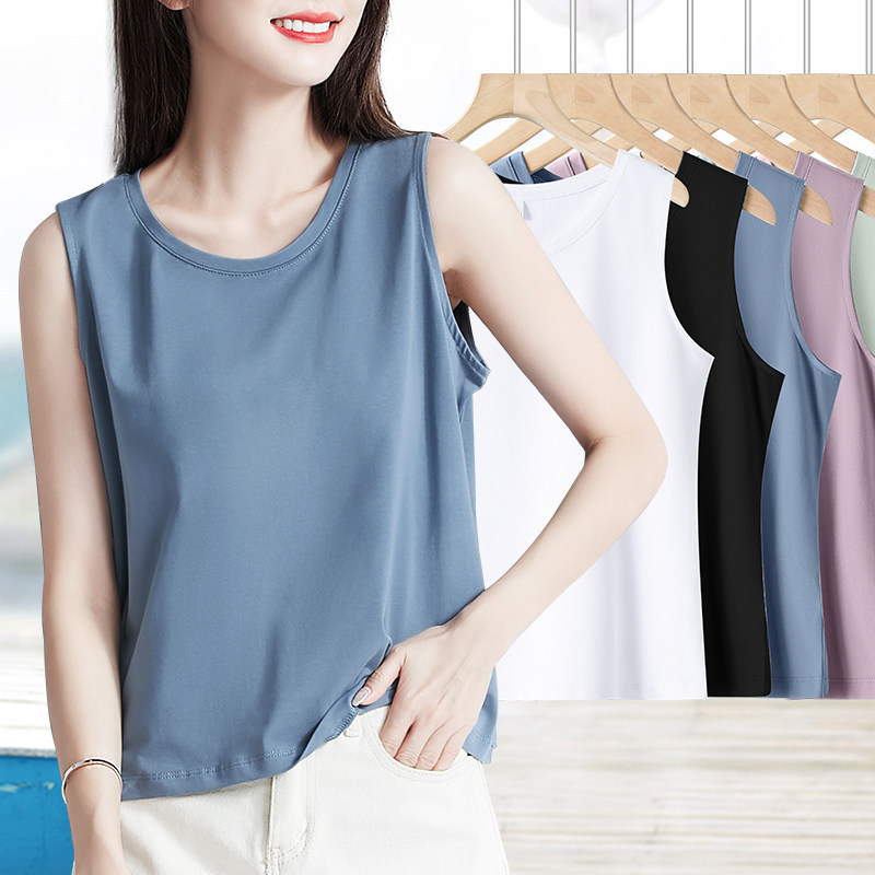 95% Cotton Wide-Shoulder Camisole Sleeveless T-Shirt for Women, Summer Outerwear or Inner Wear, Loose Fit, Slimming, Solid Color, Round Neck, Base Layer Top
